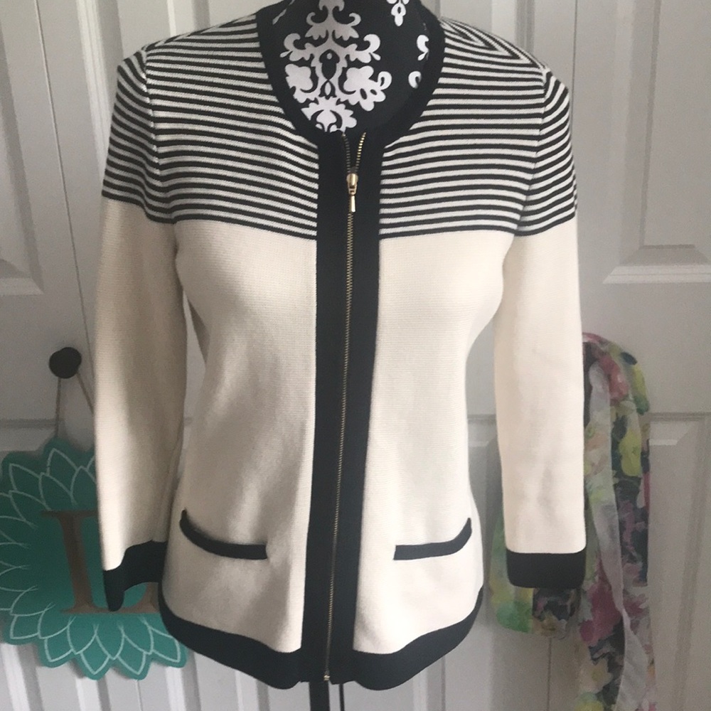 Talbots classy cream and black zip sweater
